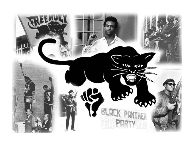A photo collage of Black Panther Party members with the Black Panther logo in the center.