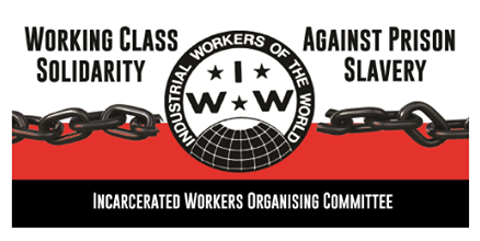 IWW logo breaking chains with the words Working Class Solidarity and Against Prison Slavery