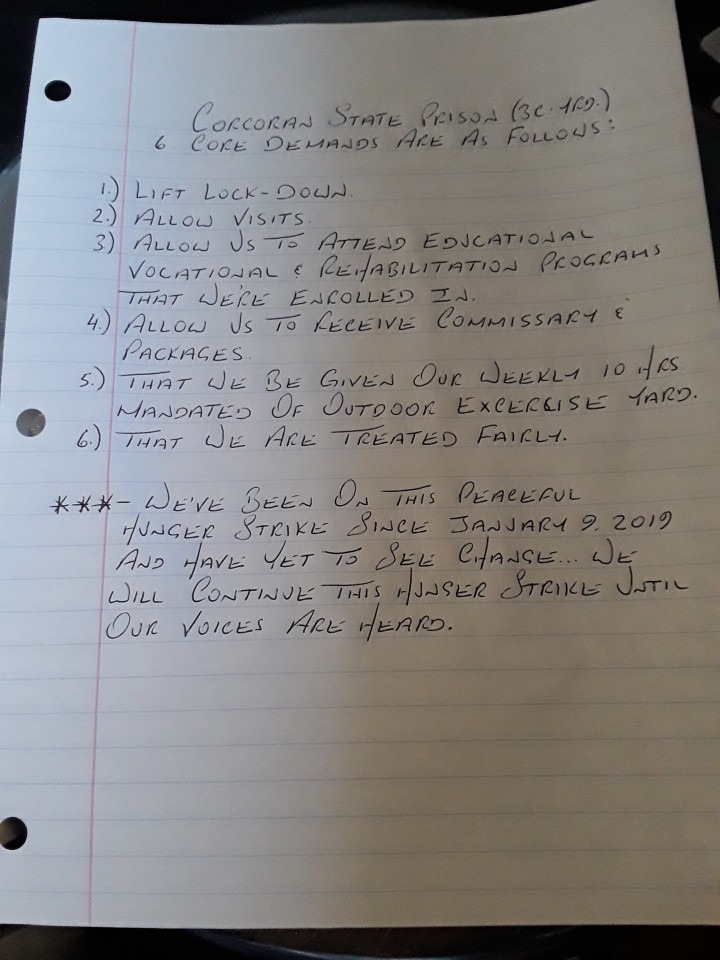 handwritten note of the 6 demands of Corcoran hunger strikers