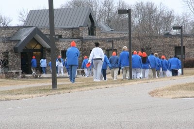 Picture of women on a prison yard: Prisoners wore blue - the only color they can wear without getting in trouble